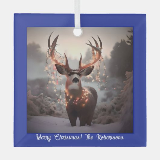 Buck en Kerstmis Lichten Blauw Glas Ornament (Voorkant)