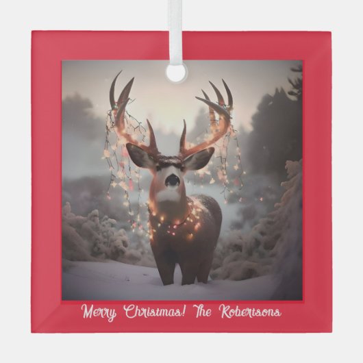 Buck en Kerstmis Lichten Rood Glas Ornament (Voorkant)