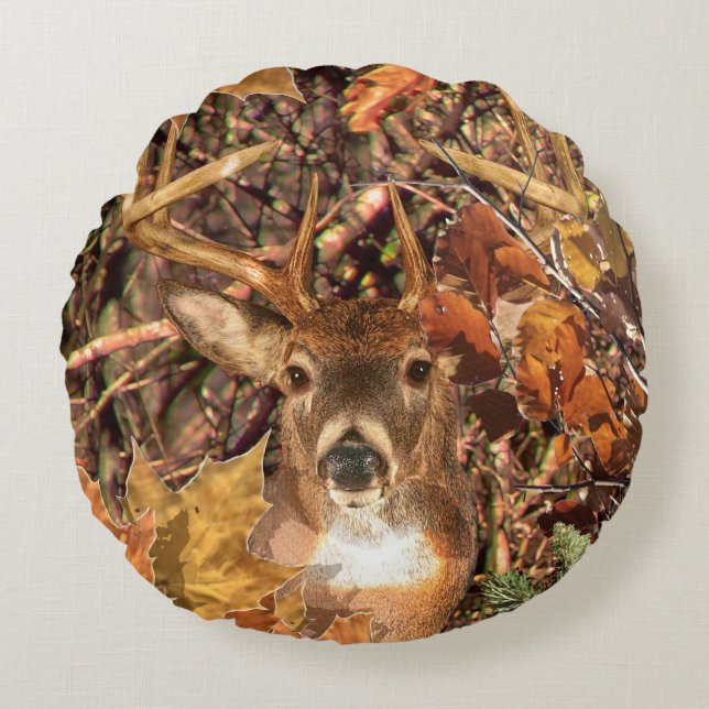 Buck in Herfst seizoen scene White Tail Deer Rond Kussen (Voorkant)