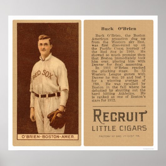 Buck O'Brien Red Sox Baseball 1912 Poster (Voorkant)