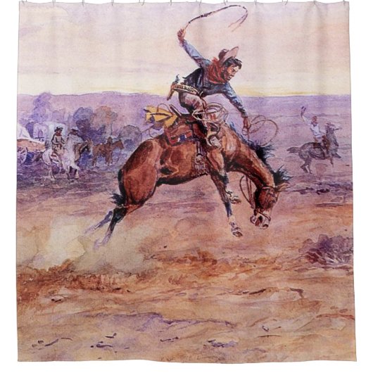 "Bucking Bronco" Cowboy Art van Charles Russell Douchegordijn (Voorkant)
