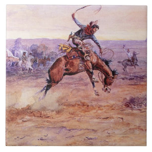 "Bucking Bronco" Cowboy Art van Charles Russell Tegeltje