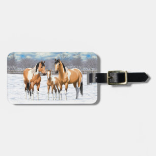 Buckskin Paint Horses in sneeuw Bagagelabel