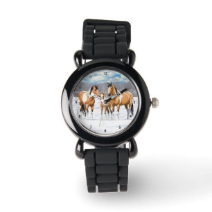 Buckskin Paint Horses in sneeuw Horloge