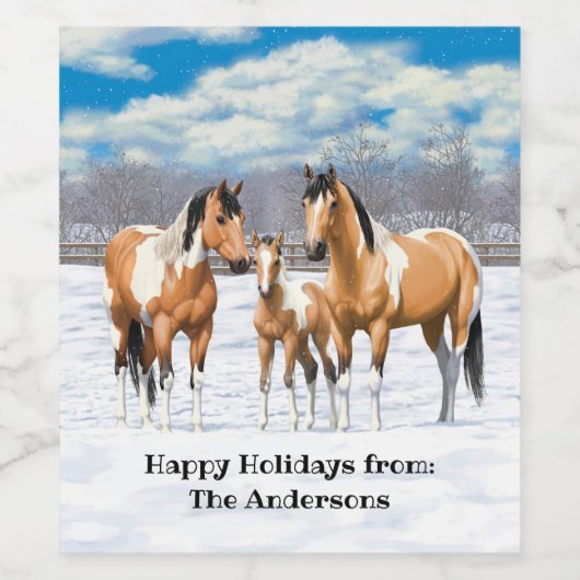 Buckskin Paint Horses in sneeuw Wijn Etiket (Enkel label)