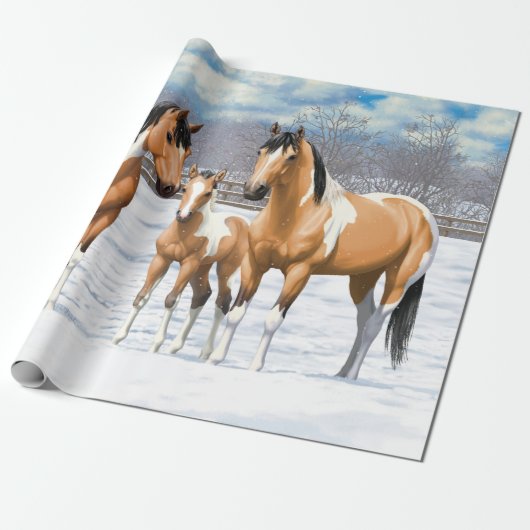 Buckskin pinto verf kwart paarden in sneeuw cadeaupapier (Uitgerold)