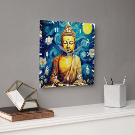 Buddha modern schilderij kleurrijk vierkante klok