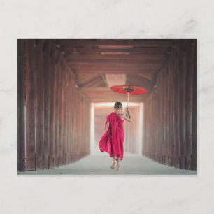 Buddhist Monk with Red Umbrella Briefkaart