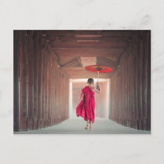 Buddhist Monk with Red Umbrella Briefkaart (Voorkant)