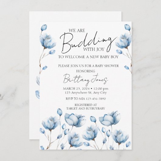 Budding With Joy Blue Baby shower Invitation (Devant / Derrière)