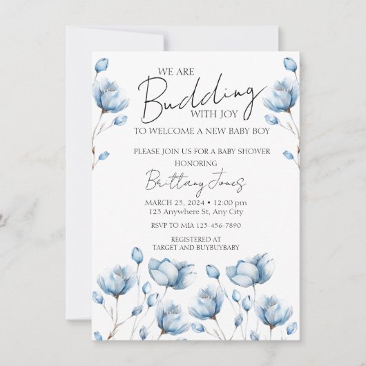Budding With Joy Blue Baby shower Invitation (Devant)