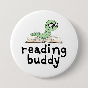 Buddy Schattigee boekenwurm lezen met boek Ronde Button 7,6 Cm