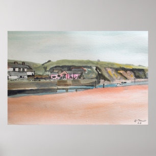 Bude Cornwall Print – Watercolor Kust Muur Kunst