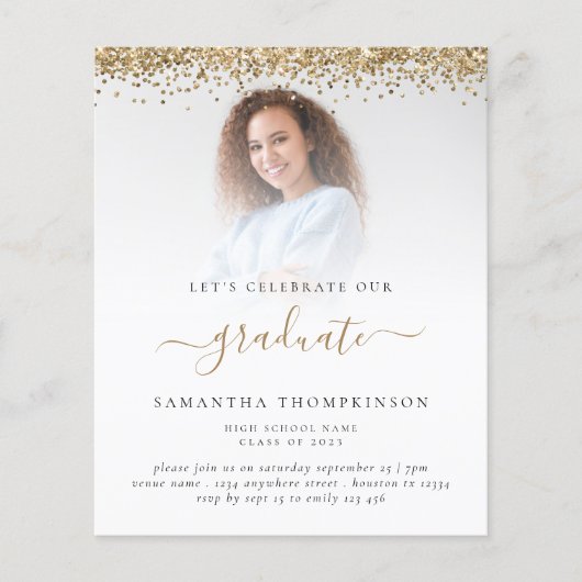 Budget 2023 Afstudeerder Foto Gold Glitter Uitnodi (Voorkant)