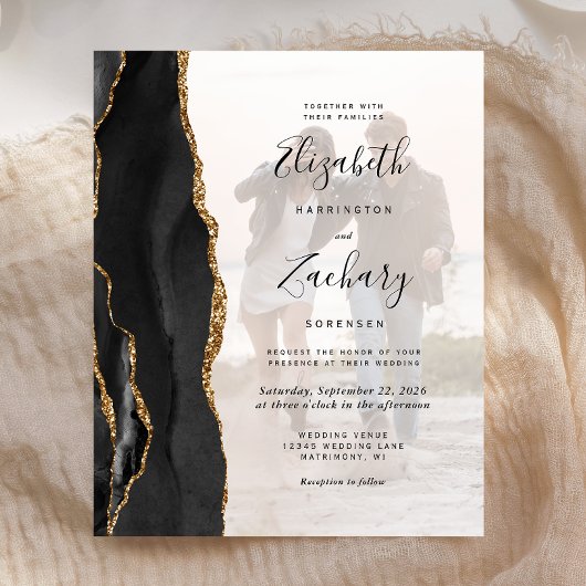 Budget 2-Photo Black Gold Agate Wedding Invitation