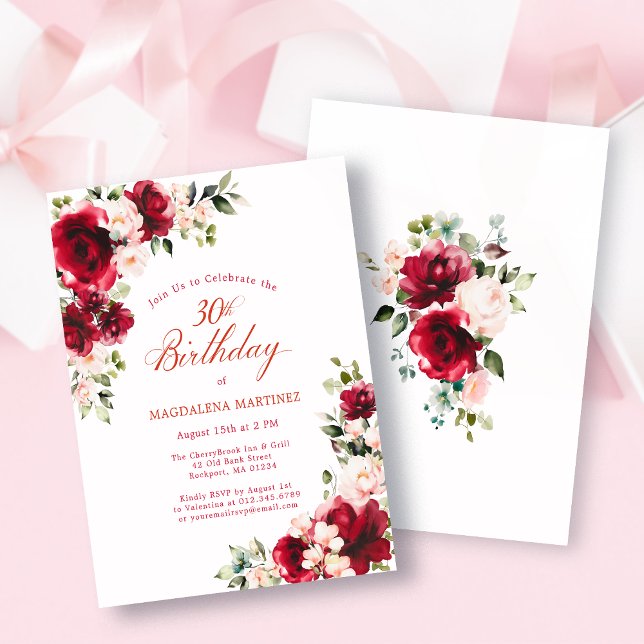 BUDGET 30th Birthday Red Pink Rose Invitation (Creator heeft geüpload)