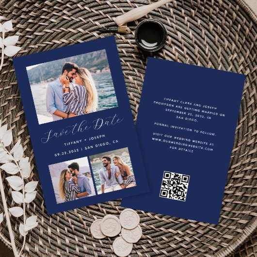 Budget 3-Foto Navyblauw QR Code Save the Date