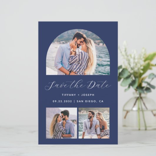 Budget 3-Photo Arch QR Code Navy Save the Date (Staand voorkant)