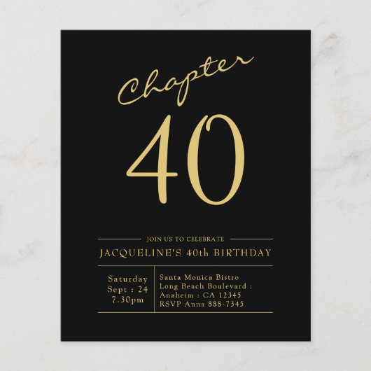 Budget 40th Birthday Invitation Black Gold Flyer (Voorkant)