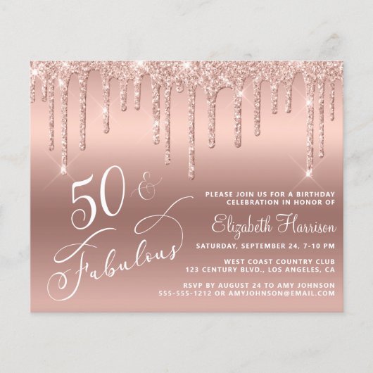 Budget 50th Birthday Glitter Roos Gold Invitation Flyer (Voorkant)