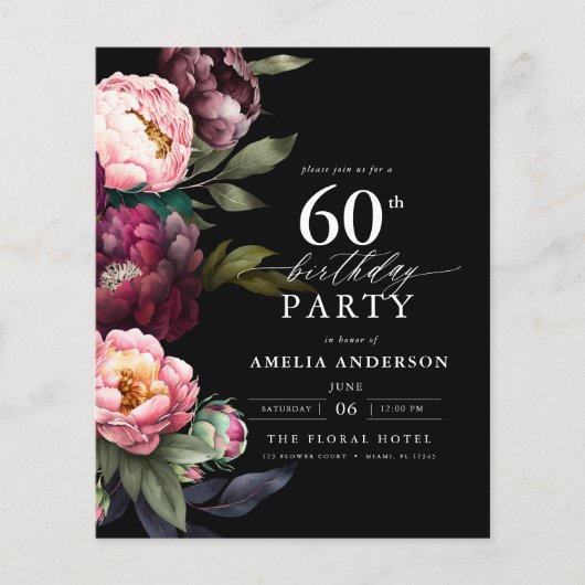 Budget 60e verjaardag Moody Bloemen Uitnodiging Flyer (Voorkant)