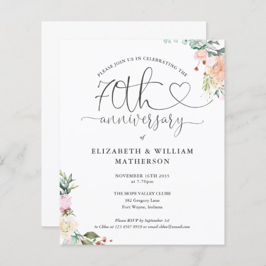 Budget 70th verjaardag Hart Bloemige Uitnodiging (Voorkant / Achterkant)