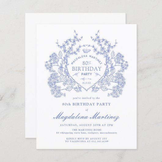 BUDGET 80e Verjaardag Blauwe Bloemkam (Voorkant / Achterkant)