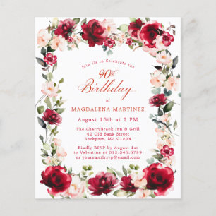 BUDGET 90ste verjaardag Red Rose Pink Peony Invite