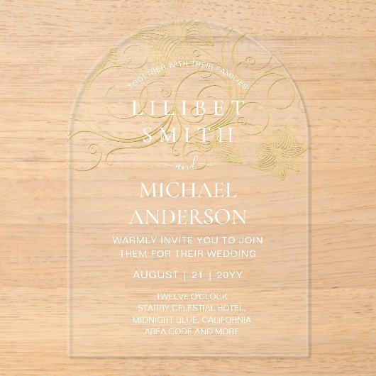 BUDGET Acryl bruiloft Goud Wit Elegant Chic Acryl Uitnodigingen (Voorkant)