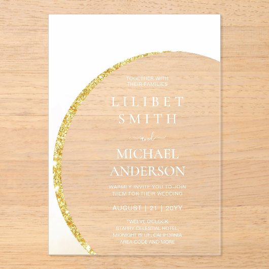 BUDGET Acryl bruiloft Modern Wit Goud Minimal Acryl Uitnodigingen (Voorkant)