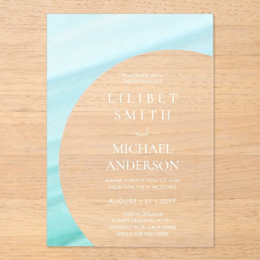 BUDGET Acryl Huwelijk Pastel Aqua Blauw Witte Teks Acryl Uitnodigingen (Voorkant)