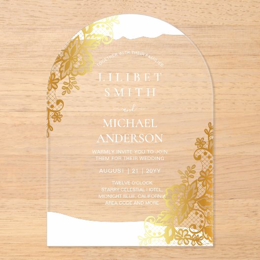 BUDGET Acryl Trouw Gouden Lace Filigraan Elegant Acryl Uitnodigingen (Voorkant)