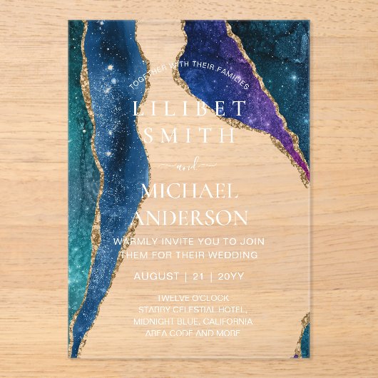 BUDGET Acryl Trouw STERRENNACHT HEMELSE LUCHT Acryl Uitnodigingen (Voorkant)