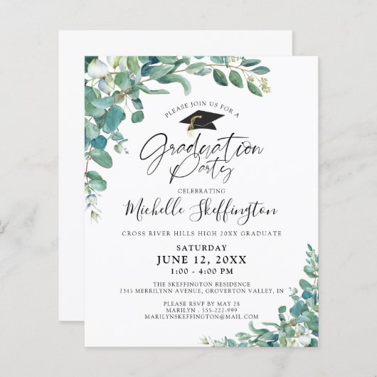 Budget Afstuderen Eucalyptus Script Uitnodiging (Voorkant / Achterkant)