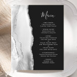 Budget Agate Argent Gris Ardoise Noir Mariage Menu<br><div class="desc">Le bord gauche de cet élégant menu mariage moderne présente une bordure d'aquarelle gris et blanc ornée d'une parties scintillant en faux argent. Le texte personnalisable combine un script d'écriture grise argentée et des polices de cuivre sur un arrière - plan noir d'ardoise. L'envers présente un design d'agate gris et...</div>