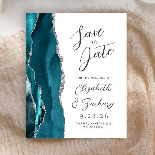 Budget Agate Bleu Sarcelle Argent Script Carte de