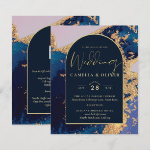Budget Agate Blue Gold Wedding nodigt QR Code RSVP