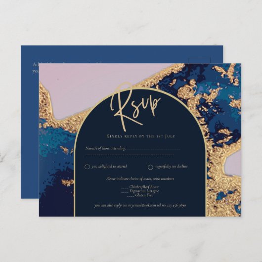 Budget Agate Blue Gold Wedding nodigt QR Code RSVP Briefkaart (Voorkant / Achterkant)