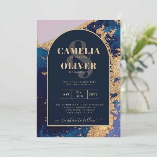 Budget Agate Blue Gold Wedding nodigt QR Code RSVP Kaart (Staand voorkant)