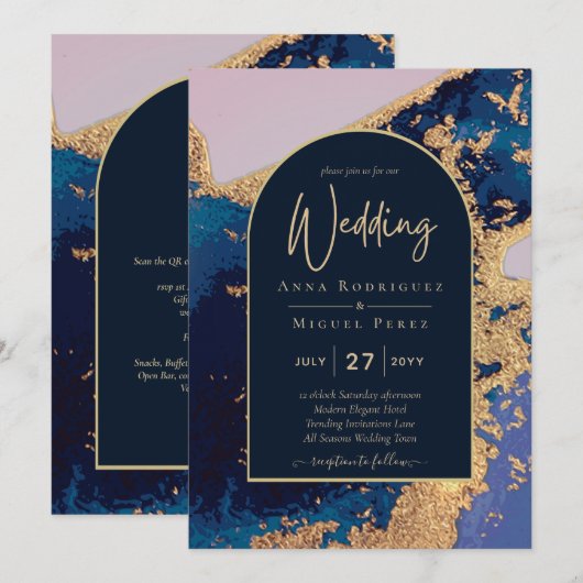 Budget Agate Blue Gold Wedding nodigt QR Code RSVP Kaart (Voorkant / Achterkant)