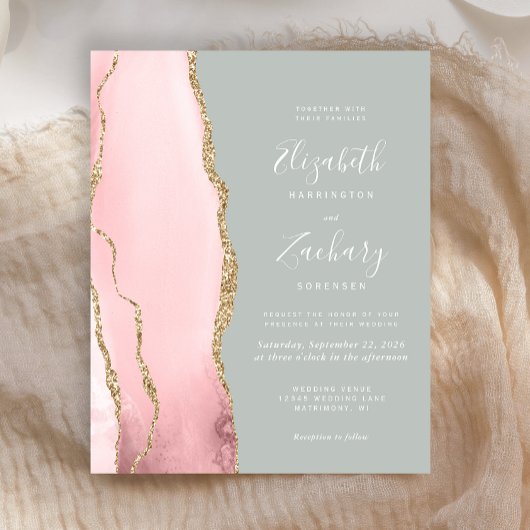 Budget Agate Blush Sage Green Wedding Uitnodiging
