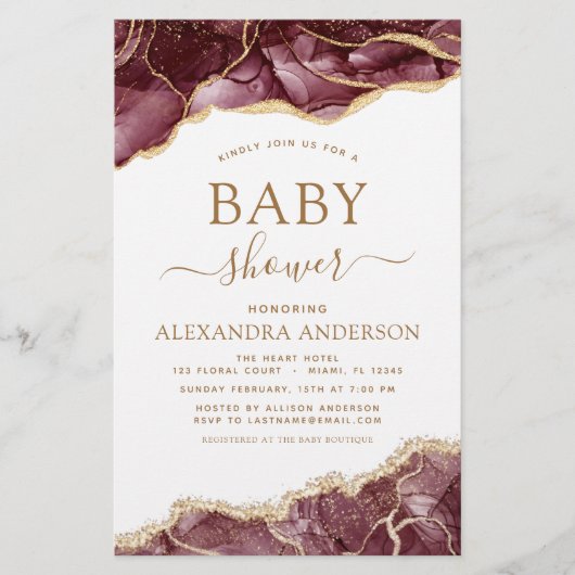 Budget Agate Burgundy Baby shower Gold Invitation (Voorkant)