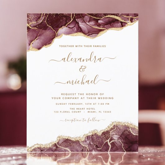 Budget Agate Burgundy Gold Weduwde Uitnodiging