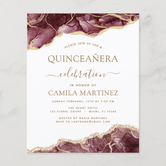 Budget Agate Burgundy Quinceañera Gold 15e Flyer (Voorkant)