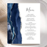 Budget Agate Marine Blue Silver Menu Mariage<br><div class="desc">Le bord gauche de cet élégant menu mariage moderne comporte une bordure en aquarelle bleu marine ornée d'une parties scintillant en faux argent. Le texte personnalisable combine écriture manuscrite et polices cuivre en gris charbon sur un arrière - plan blanc. L'envers est assorti d'un design d'agate bleu marine et argent....</div>