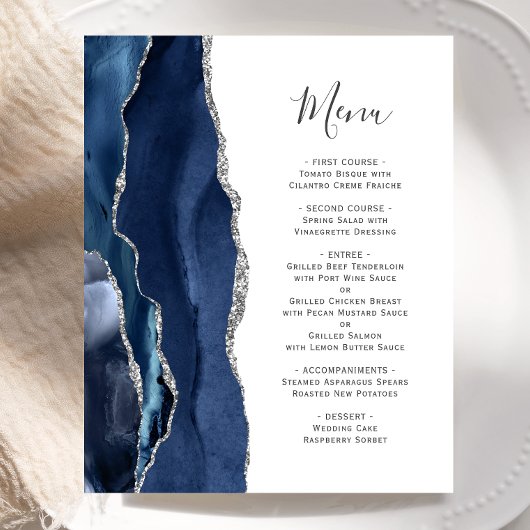 Budget Agate Marine Blue Silver Menu Mariage