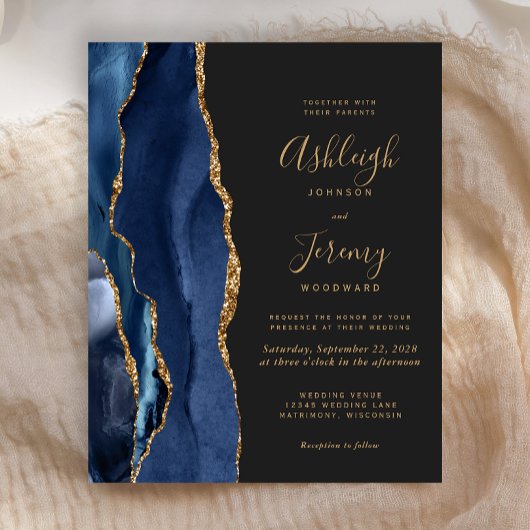 Budget Agate Navy Blue Dark Wedding Uitnodiging