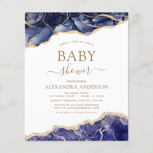 Budget Agate Navy Blue Gold Baby shower Flyer (Voorkant)