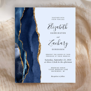 Budget Agate Navy Blue Gold Wedding Uitnodiging