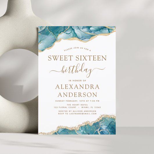 Budget Agate Sweet 16 Blauwgroen Gold Invitation